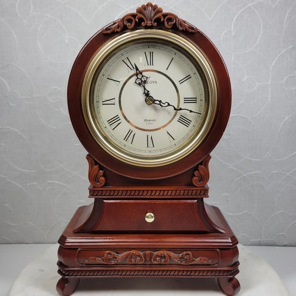 Bulova Rhapsody Mantel Clock Westminster Wood 3 Chime Battery Operated Drawer